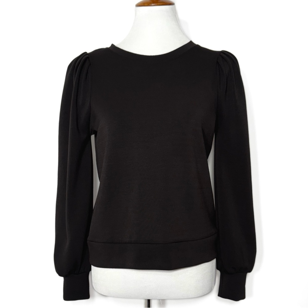 Magaschoni Puff Pleated Long Sleeve Pullover Black Ponte Knit Top S